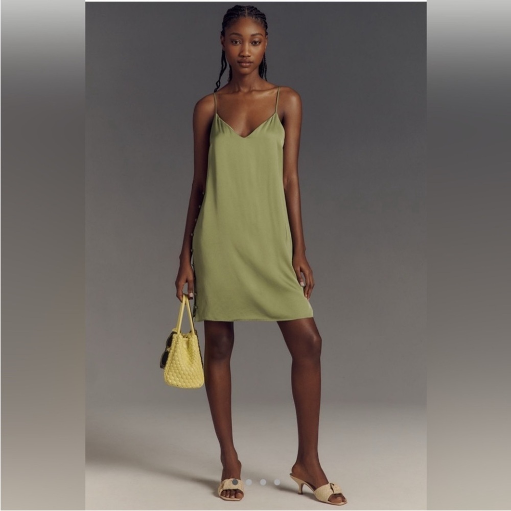 By Anthropologie V-Neck Mini Slip Dress chartreuse satin 128 button up party S